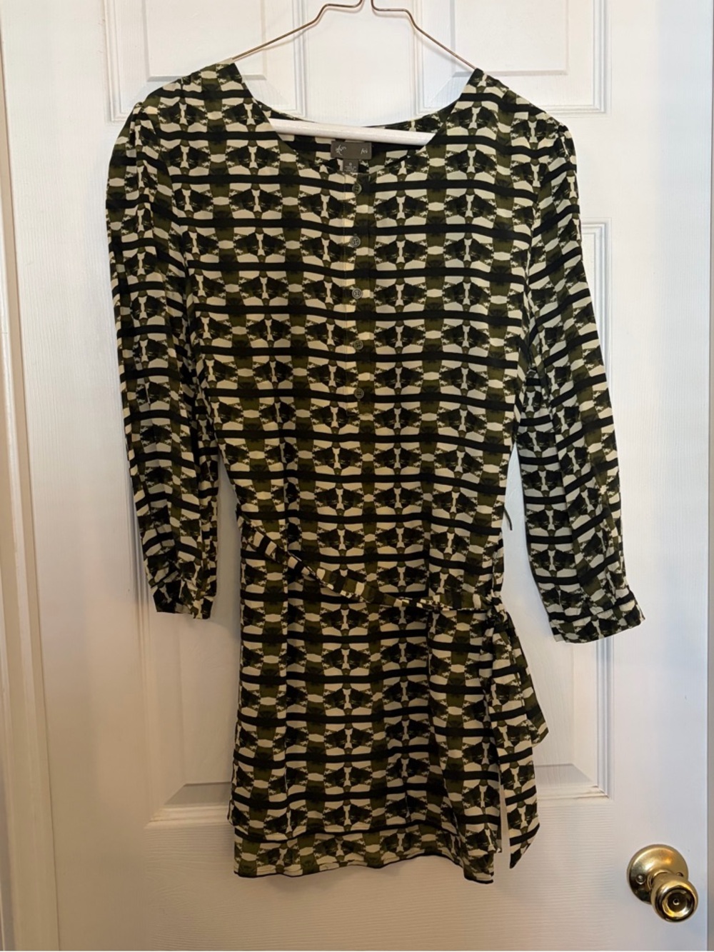 Anthropologie Olive Green Patterned Women’s Tie-Waist Tunic Top SZ 6